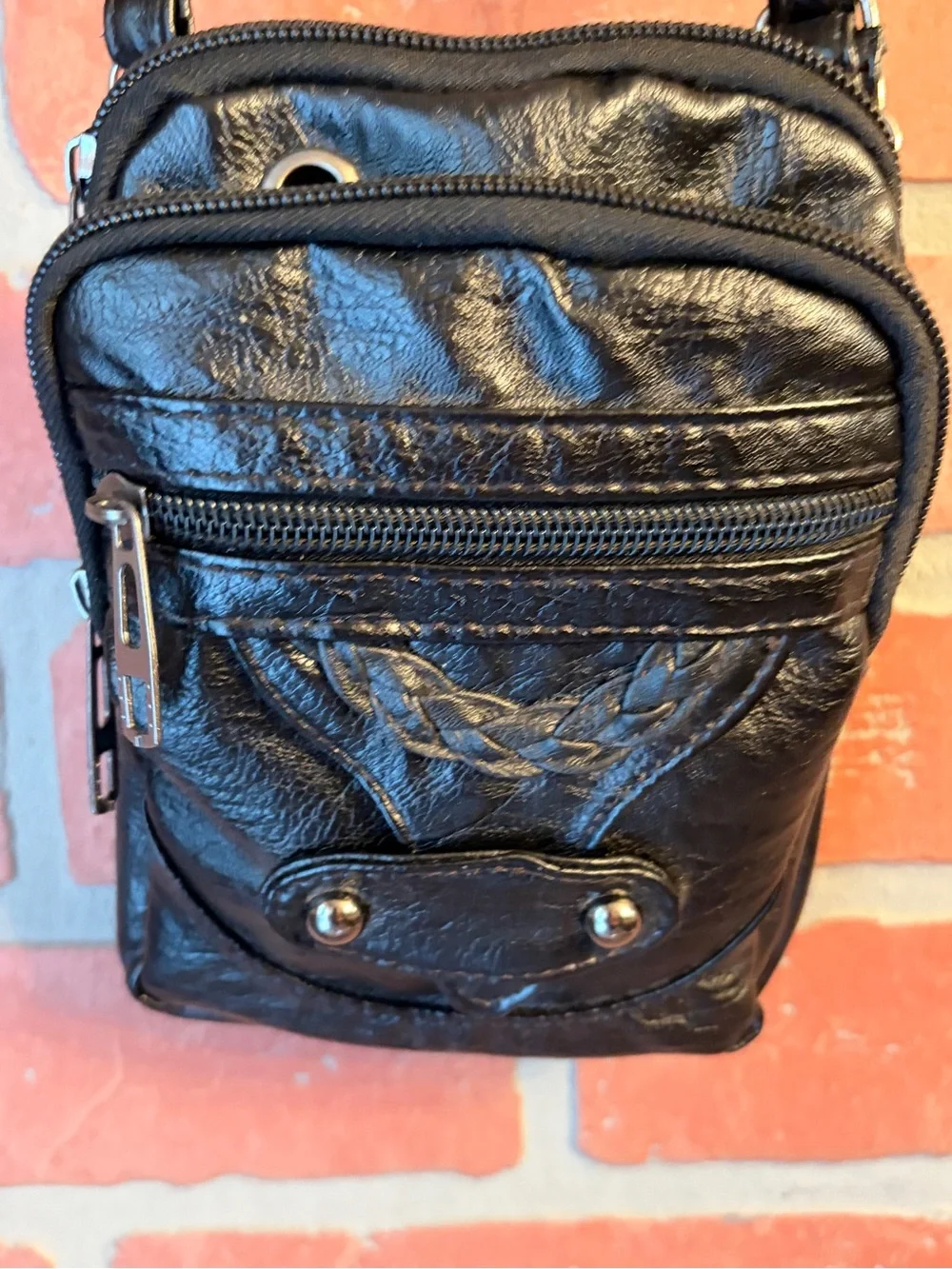 Black Faux Leather Multi-Pocket Crossbody Bag. NWOT
